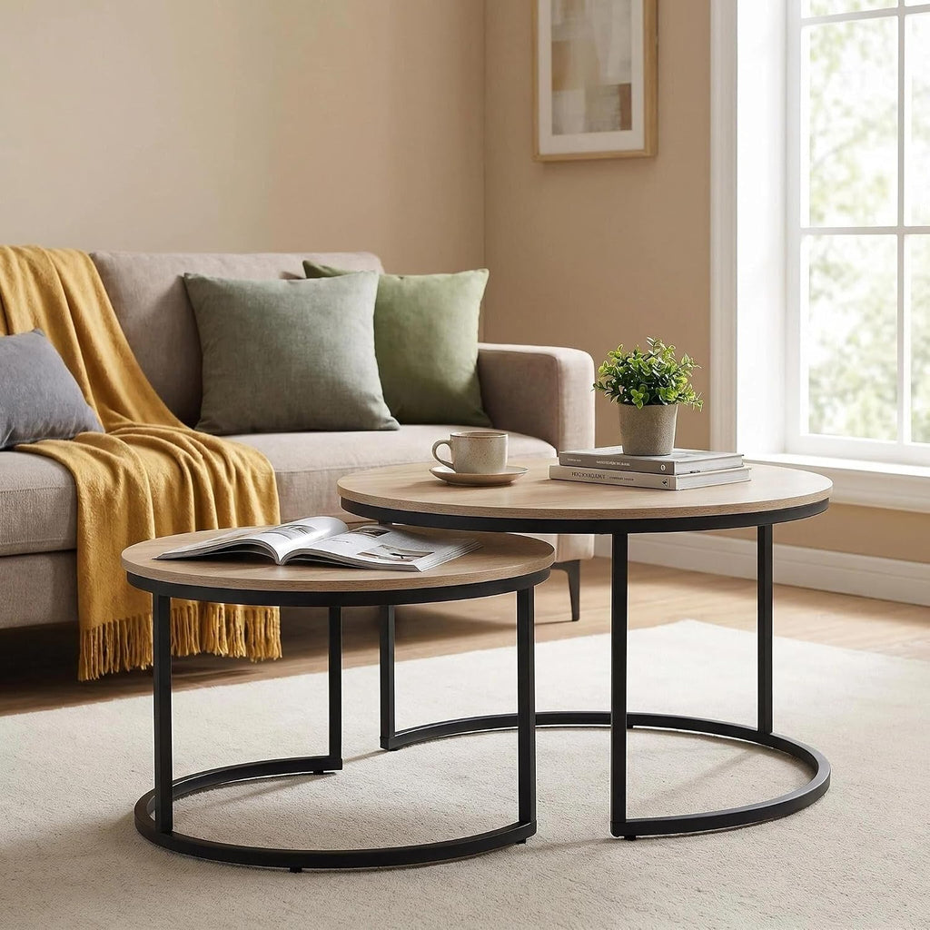 31.5 Inch Round Nesting Coffee Tables Set of 2, Oak‑Tone Stackable Side Tables with Sturdy Metal Legs, Space‑Saving Easy‑Assembly Accent Tables for Living Room