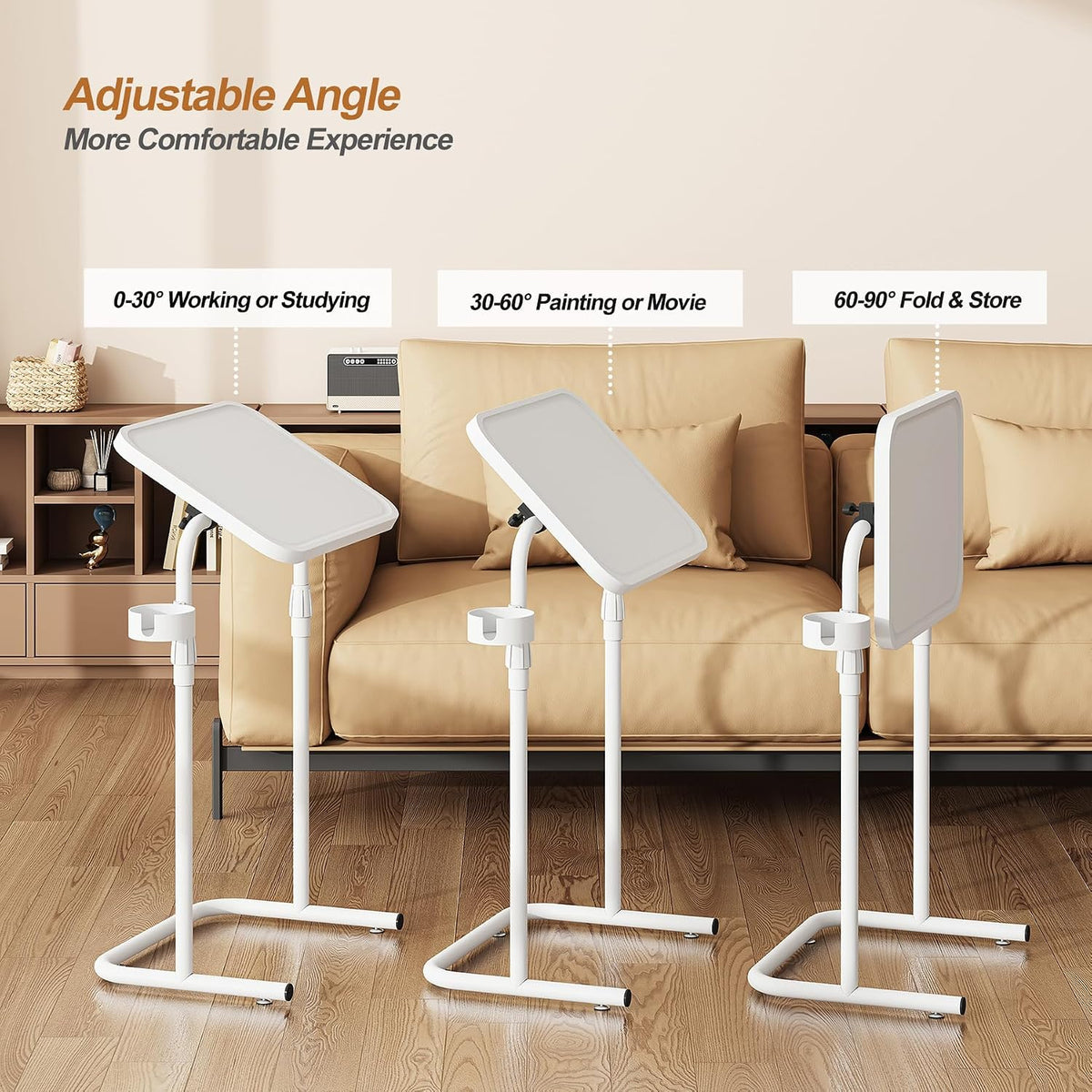 TUTOTAK C Shaped End Table with Tiltable Surface, Set of 2, Adjustable Height Side Table, Slide Under Couch Table TV Tray for Eating, Sofa Tray for Livingroom, Bedroom White TB01BW0912