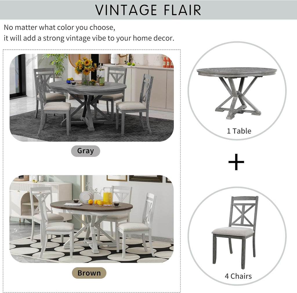 Merax Extendable Round Dining Table Set for 4, Farmhouse Kitchen Table Set with 4 Upholstered Chairs for Kitchen, Dining Room, Living Room, Grey