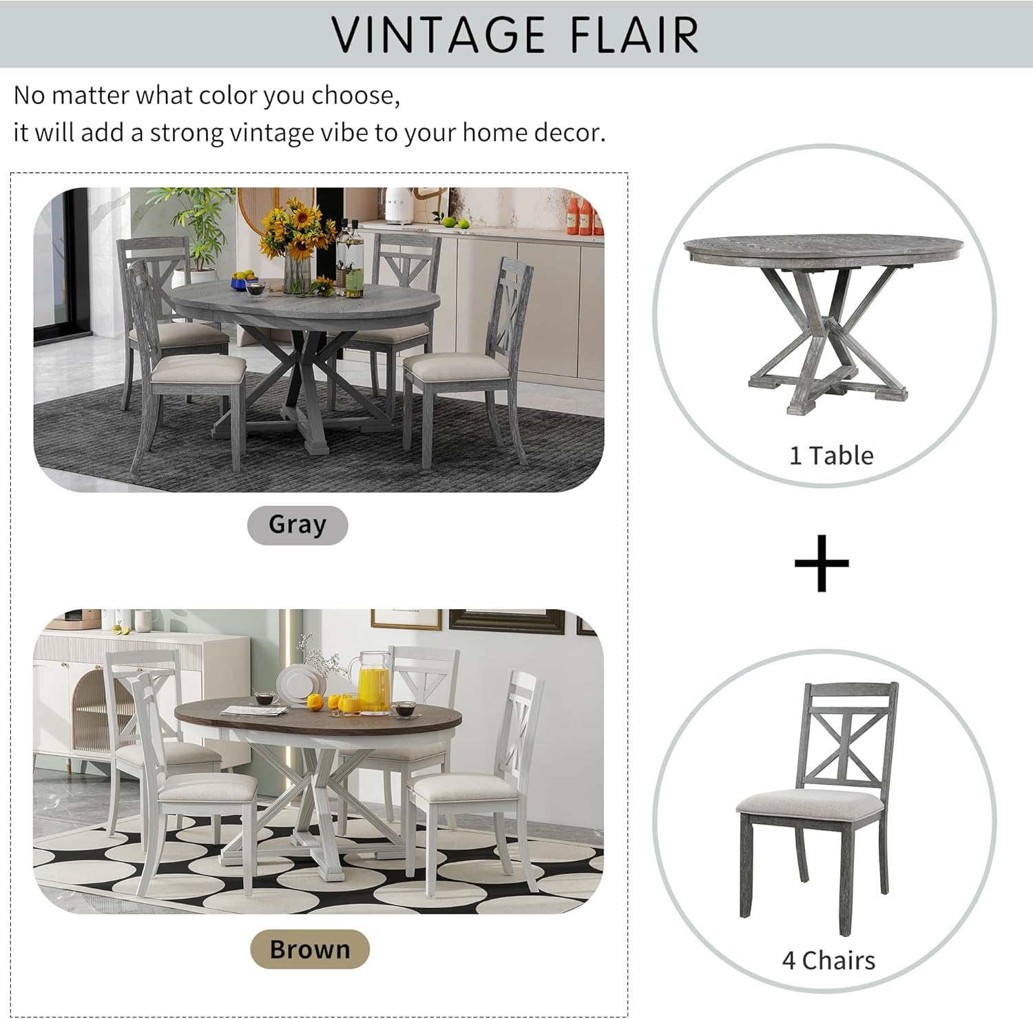 Merax Extendable Round Dining Table Set for 4, Farmhouse Kitchen Table Set with 4 Upholstered Chairs for Kitchen, Dining Room, Living Room, Grey