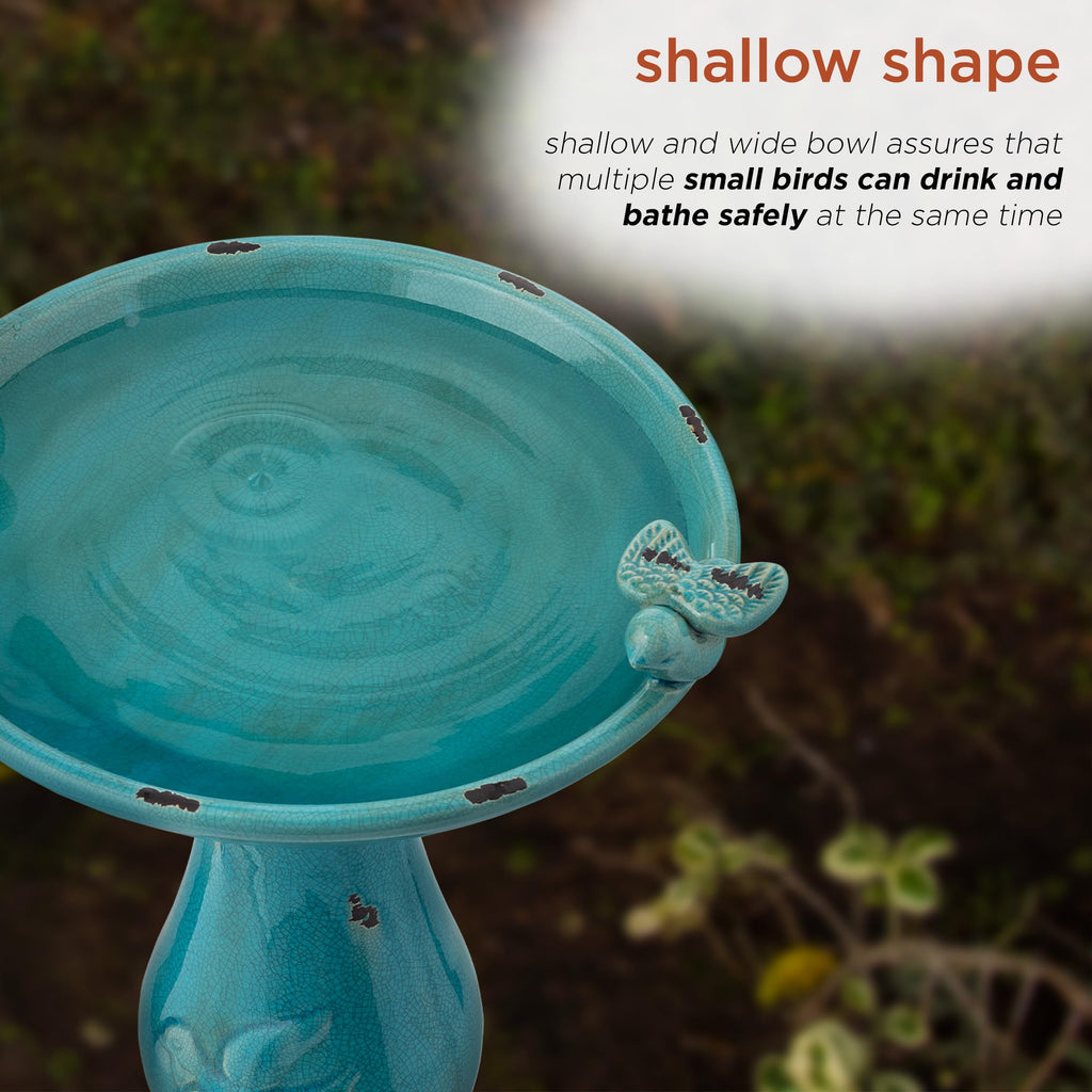 Alpine Corporation 25" Tall Outdoor Ceramic Antique Pedestal Birdbath with 2 Bird Figurines, Turquoise