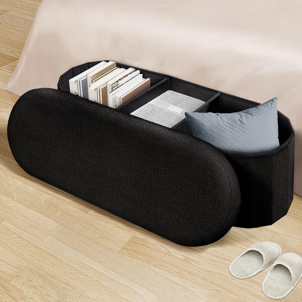 PINPLUS Storage Ottoman Bench Tufted Oval Ottomans Bench Foot Rest, Chest Box Velvet Bench with Storage 43"x15"x15" (Black)