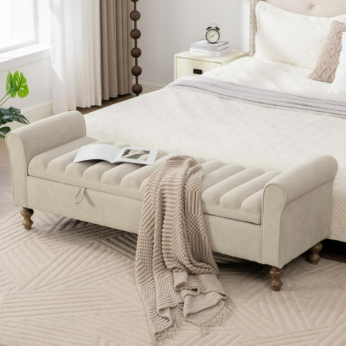 65" Oversize Storage Ottoman Bench, Fleece Upholstered End of Bed Benches with Rolled Armrest, Modern King Size Benches with Rolled Armrest, Window Bench (Griege+Single-Cover)
