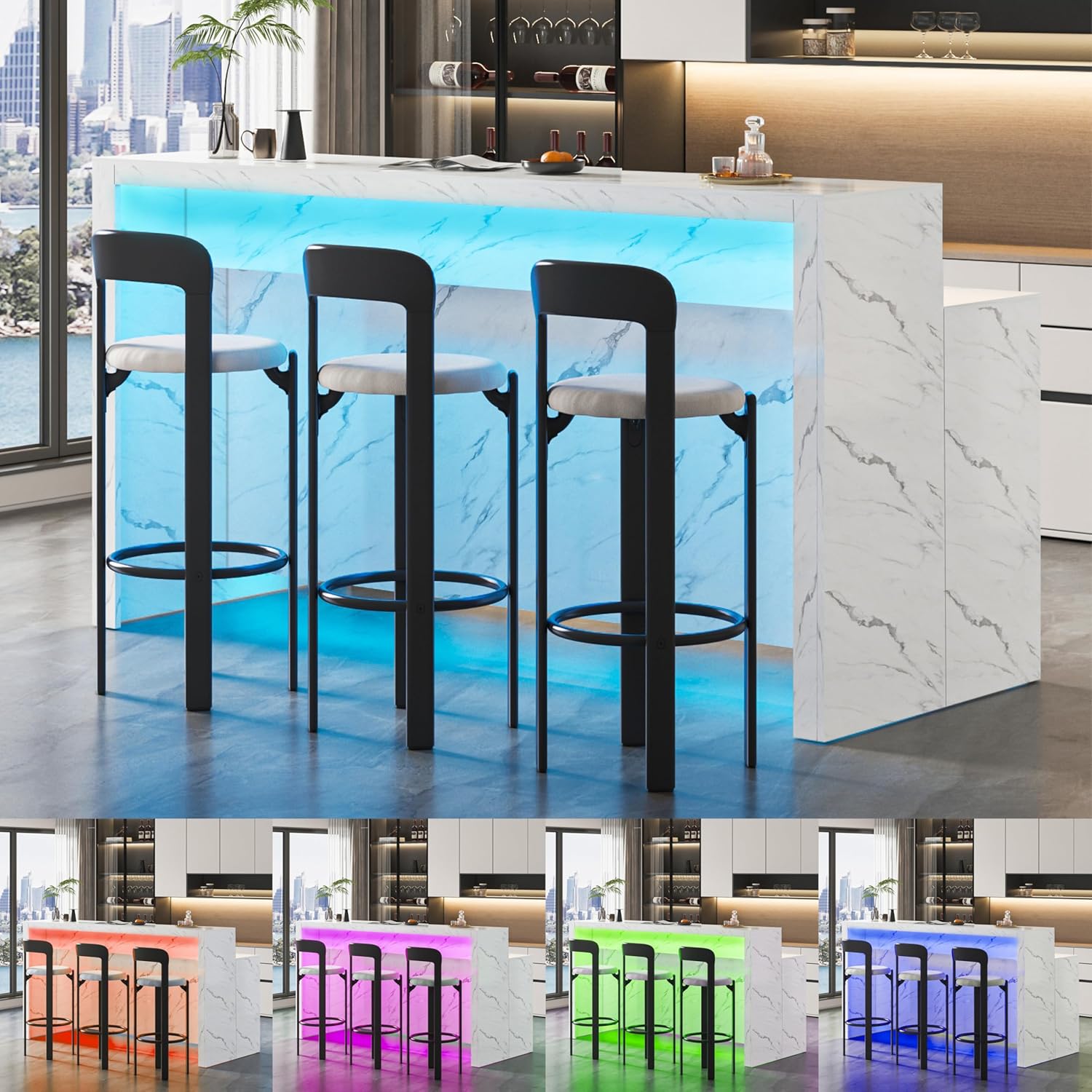 70.9" Large Faux Marble Dining Table with LED Lights, White Counter Height Kitchen Island Table with Power Outlets & USB Ports, Modern Bar Table for Kitchen Dining Room Apartment