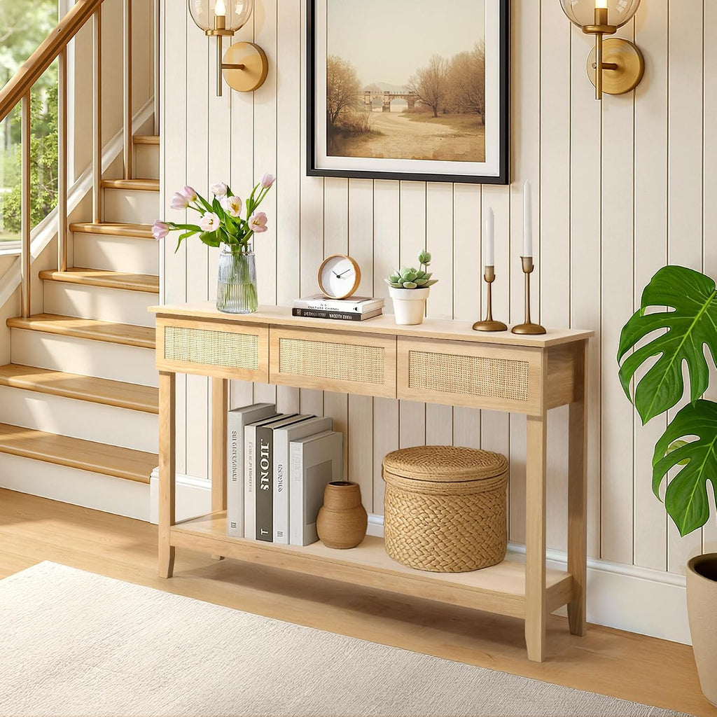 Karl home 51"Console Table w/3 Rattan Drawers & Storage Shelf, Natural Wood | Boho sofa table with 13.1"W rattan drawers,storage shelf,living room and hallway use, natural wood look