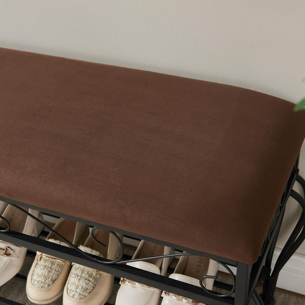 Bluecat Entryway Shoe Bench with Brown Padded Cushion, Metal Frame Multi-Functional Shoe Changing Bench for Hallway Living Room Bedroom