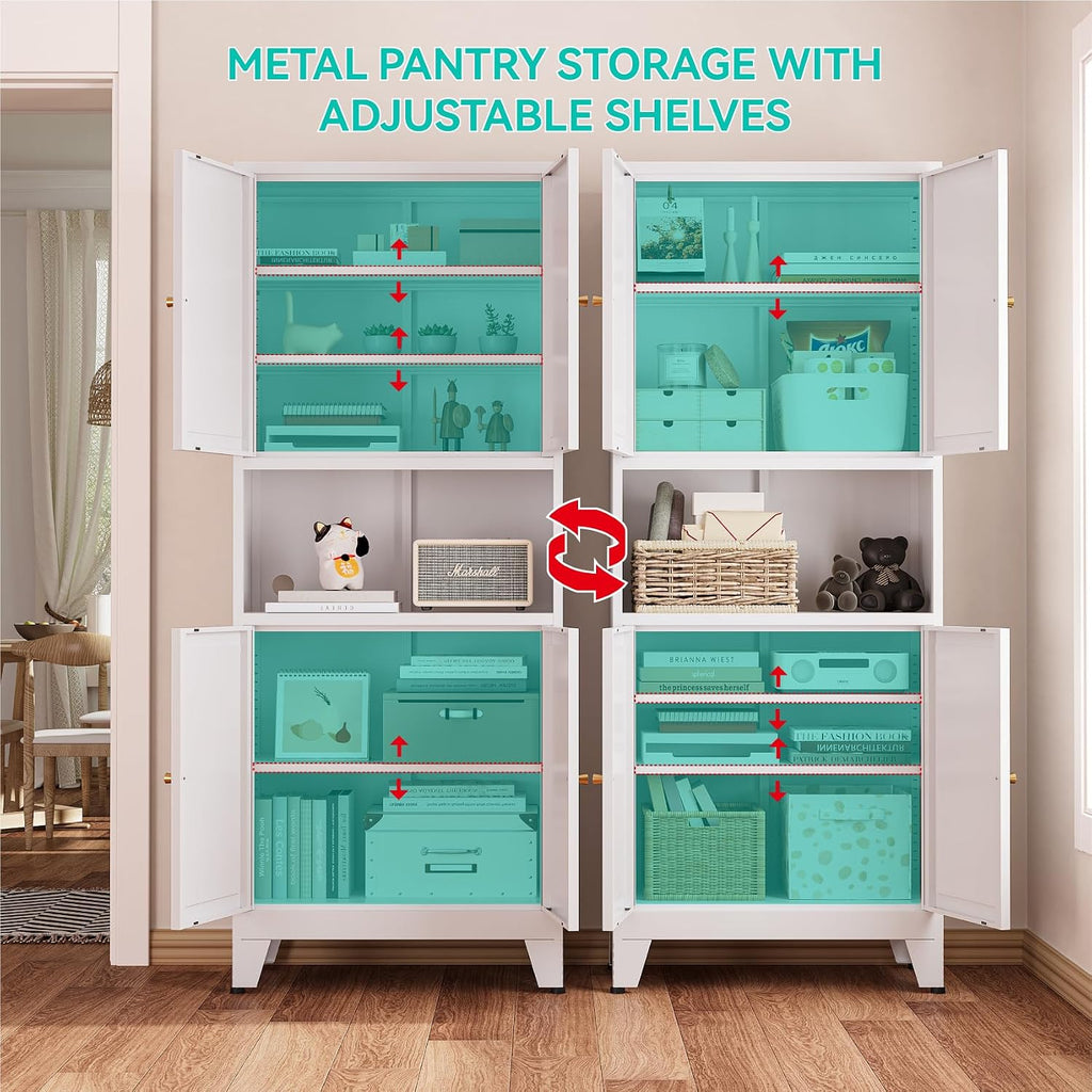 69" H Metal Pantry Cabinet with Open Shelf,13.78“Deep By 28" Wide Storage Cabinet with Doors and Adjustable Shelves,Microwave Stand,for Kitchen Dining Room Bathroom,White 1Pc