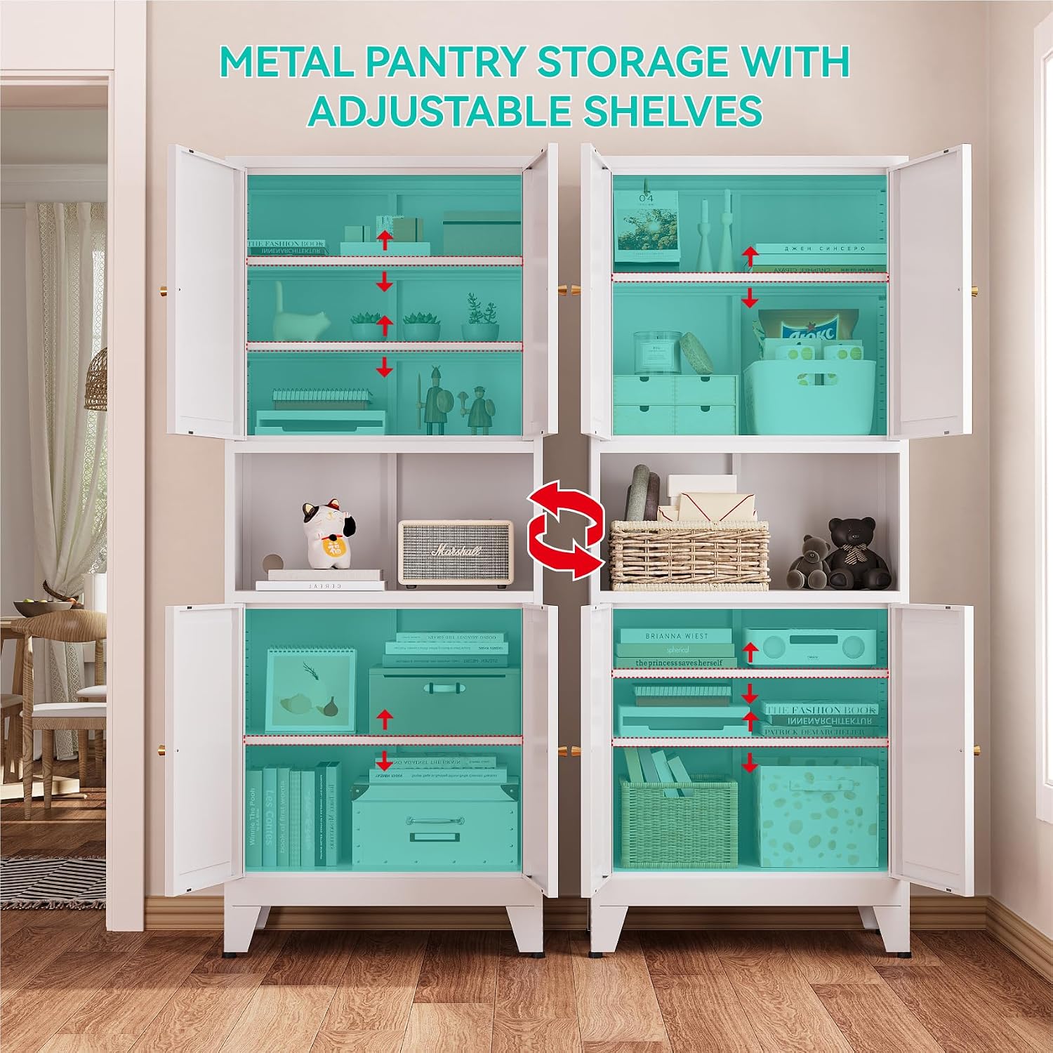 69" H Metal Pantry Cabinet with Open Shelf,13.78“Deep By 28" Wide Storage Cabinet with Doors and Adjustable Shelves,Microwave Stand,for Kitchen Dining Room Bathroom,White 1Pc
