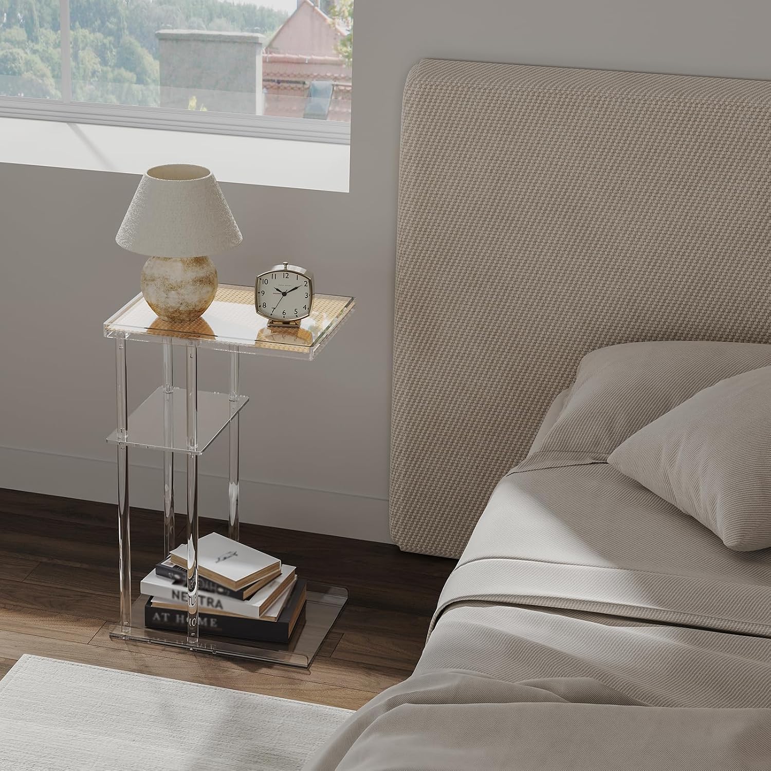 HMYHUM Acrylic C-Shaped End Table, 3-Tier Clear Side Table for Couch, Living Room, Bedroom, Small Spaces, 15.5''L x 11.6''W x 25''H, Woven Rattan Interlayer
