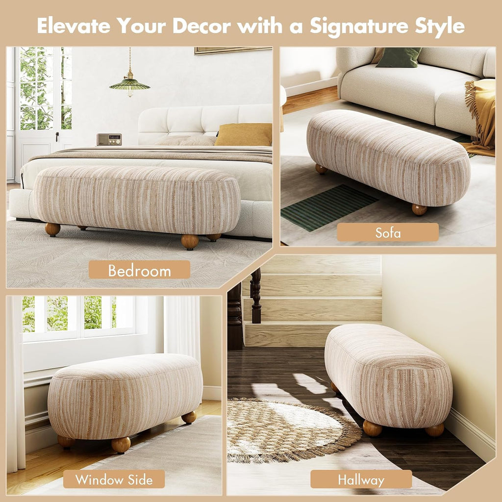 Hyfirm 54" Oatmeal Linen Upholstered Bench – Beige End of Bed Ottoman with Round Solid Wood Legs, Long Oval Footstool for Entryway & Hallway, Padded Seat (No Back)