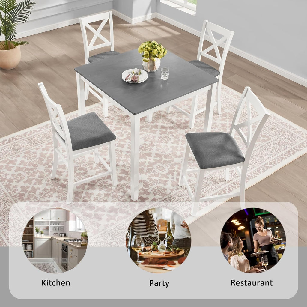 LUMISOL 5-Piece Counter Height Dining Set, Wooden Square Table with 4 Chairs, Space-Saving 4-Person Dining Table Set for Small Kitchen Dining Room, Grey + White
