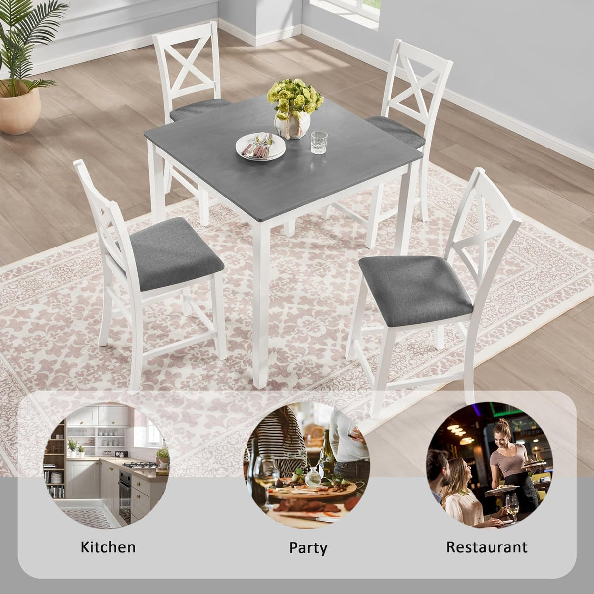 LUMISOL 5-Piece Counter Height Dining Set, Wooden Square Table with 4 Chairs, Space-Saving 4-Person Dining Table Set for Small Kitchen Dining Room, Grey + White