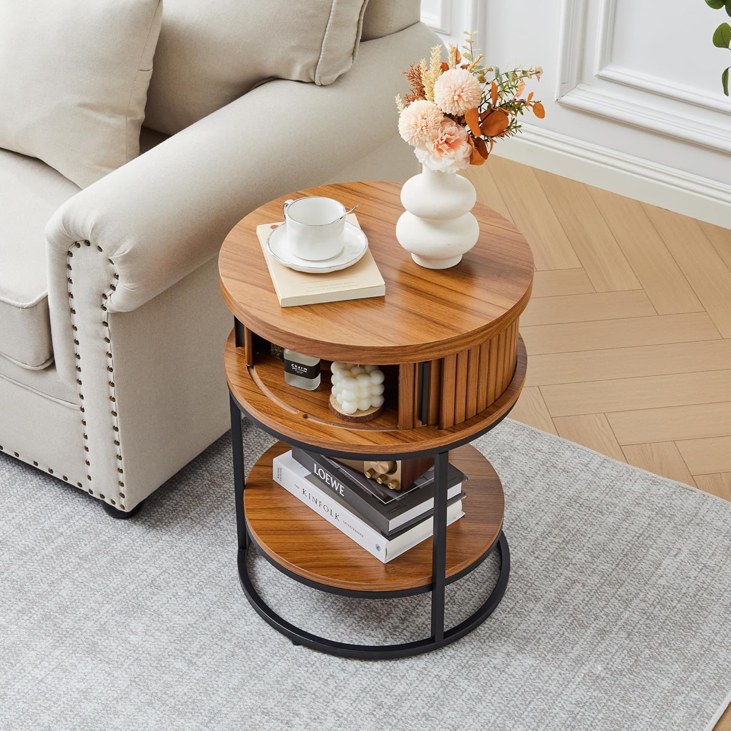 Turtle&Myrtle Small Round Side Table with Storage, 2-Tier Wooden End Table with Sliding Door and Shelf, Mid-Century Circle Nightstand for Living Room, Bedroom, Walnut, 2PC