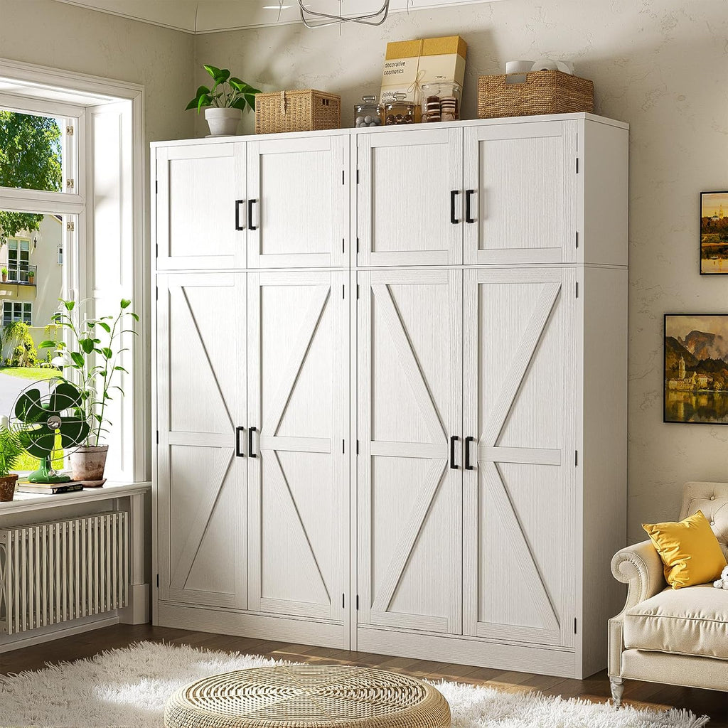 Unikito 71” Tall Kitchen Pantry Cabinet with Adjustable Shelves, 2 Pack | Large Farmhouse Storage Cabinets, Barn Doors, Sturdy and Deep, Versatile for Dinning Room, Living Room, Office, White