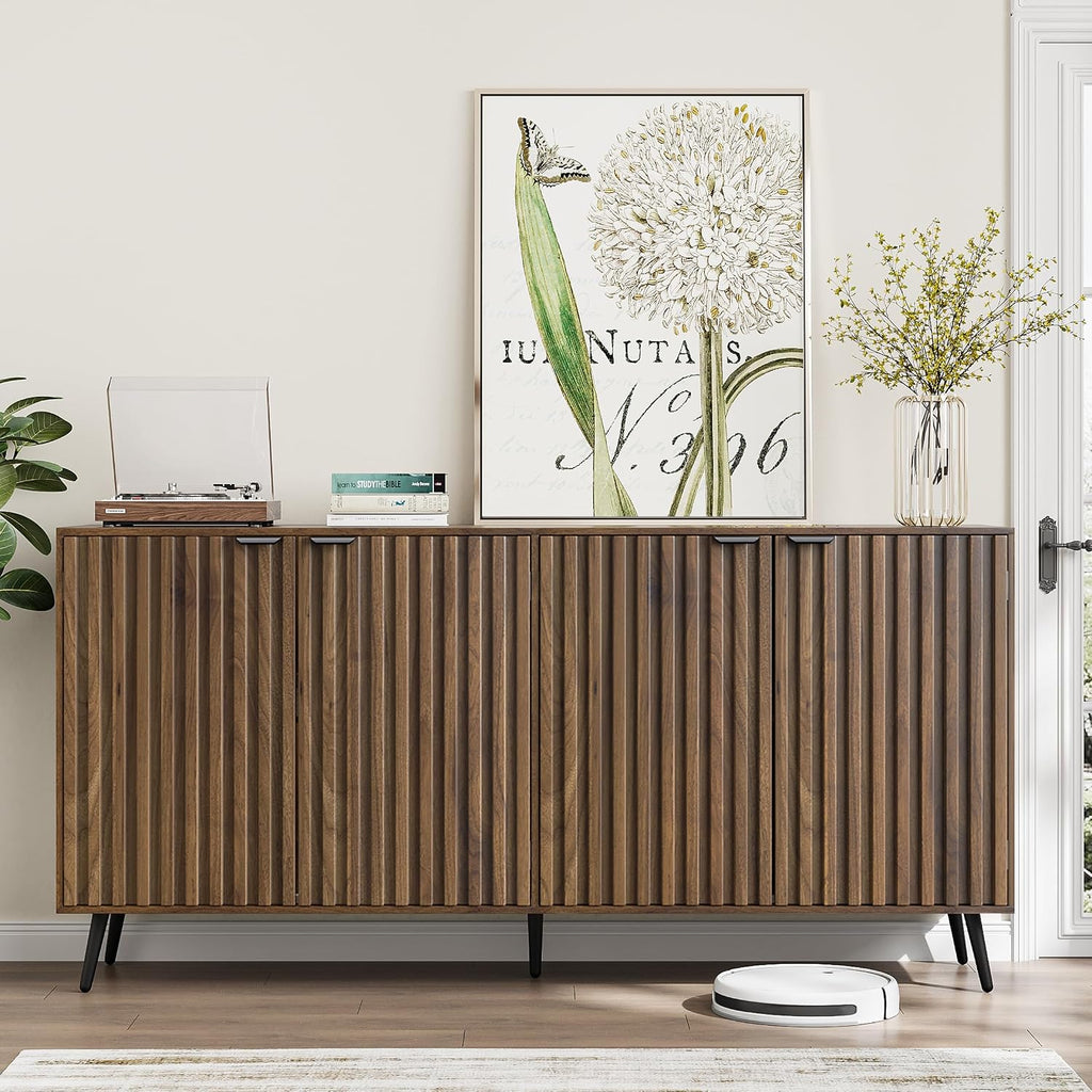 Smuxee 63" Fluted Sideboard Cabinet, Freestanding Walnut Buffet Cabinet with Adjustable Shelf, Wood Storage Cabinet for Living Room, Entryway, Hallway