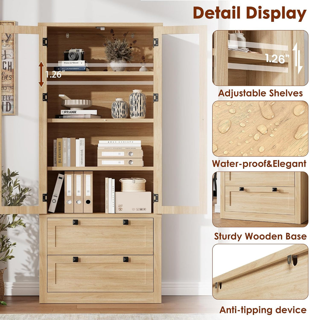 71" Tall Kitchen Pantry Cabinet - Modern Display Storage Cabinet with 2 Large Drawers, Glass Doors, and Adjustable Shelves, Farmhouse Kitchen Cupboard for Dining Room, Bathroom, Living Room, Natural