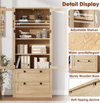 71" Tall Kitchen Pantry Cabinet - Modern Display Storage Cabinet with 2 Large Drawers, Glass Doors, and Adjustable Shelves, Farmhouse Kitchen Cupboard for Dining Room, Bathroom, Living Room, Natural