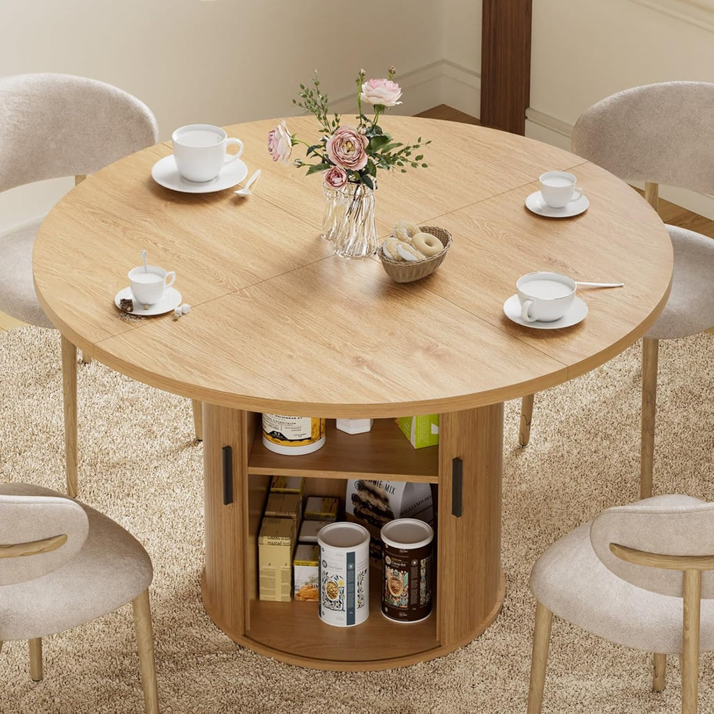 HOMMPA 48'' Round Dining Table for 4 Kitchen Dining Table with Storage Dinner Table with 2-Layer Shelf and Wood Slide Door for Home Dining Room Living Room Natural