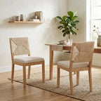 French Country Dining Chairs Set of 2, Beige Farmhouse Wood Dining Room Chairs, Woven Back Linen Upholstered Dining Chair, Solid Wood Legs, Boho Style Kitchen Chairs, Sillas de Comedor