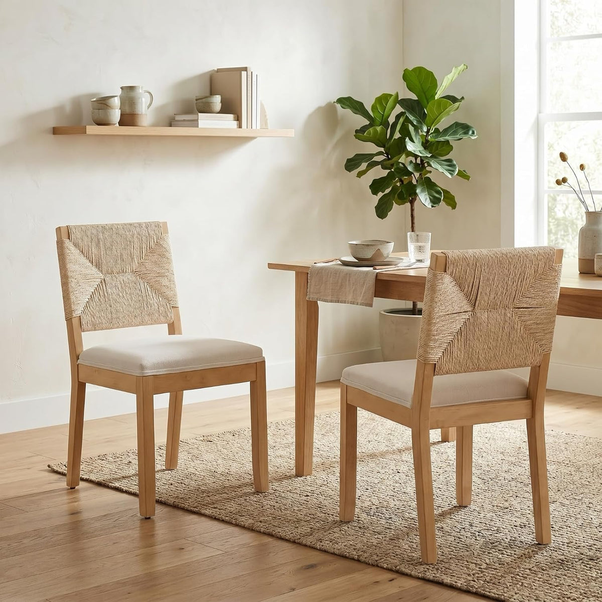 French Country Dining Chairs Set of 2, Beige Farmhouse Wood Dining Room Chairs, Woven Back Linen Upholstered Dining Chair, Solid Wood Legs, Boho Style Kitchen Chairs, Sillas de Comedor