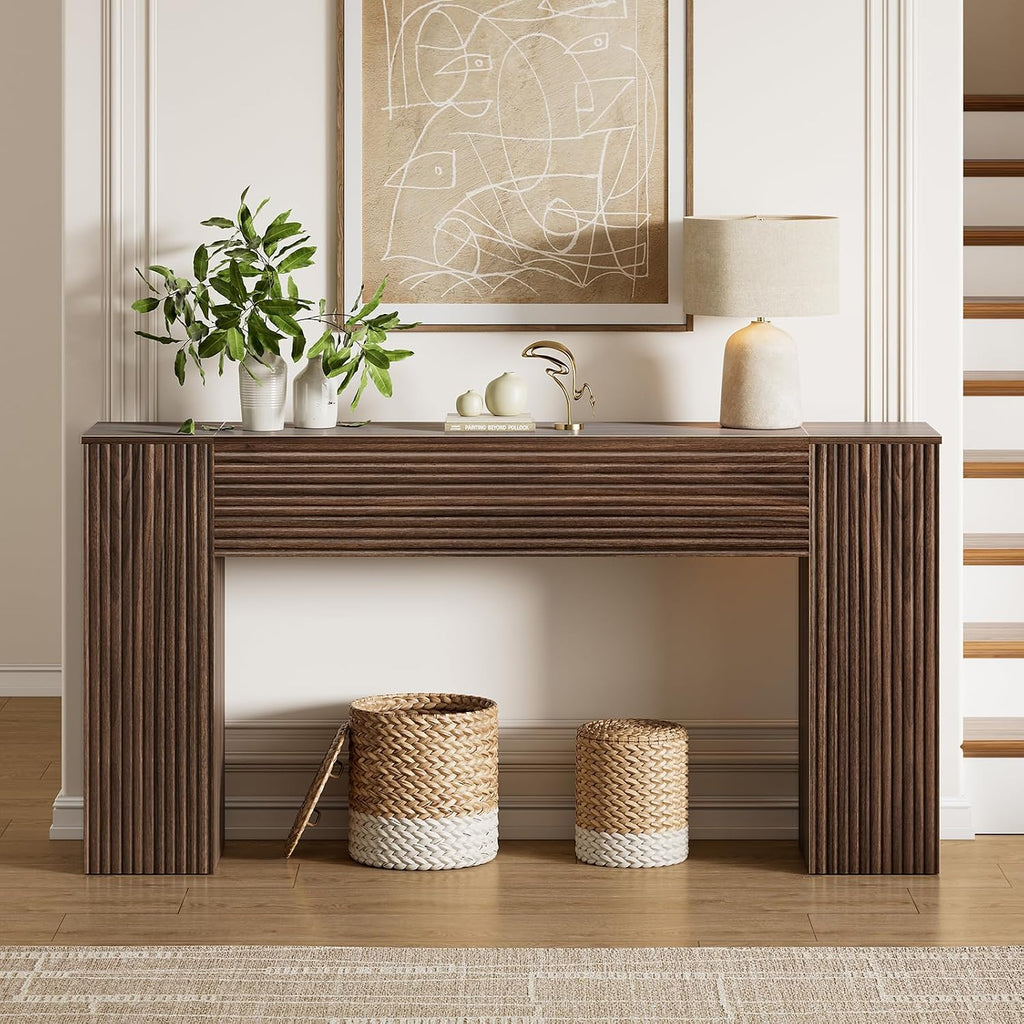 FABATO 61” Fluted Long Console Table with 2 Hidden Storage Cabinets, Walnut | Wooden Rectangular Sofa Table, Behind the Couch, Narrow Entryway Table for Entrance, Hallway, Living Room, Foyer