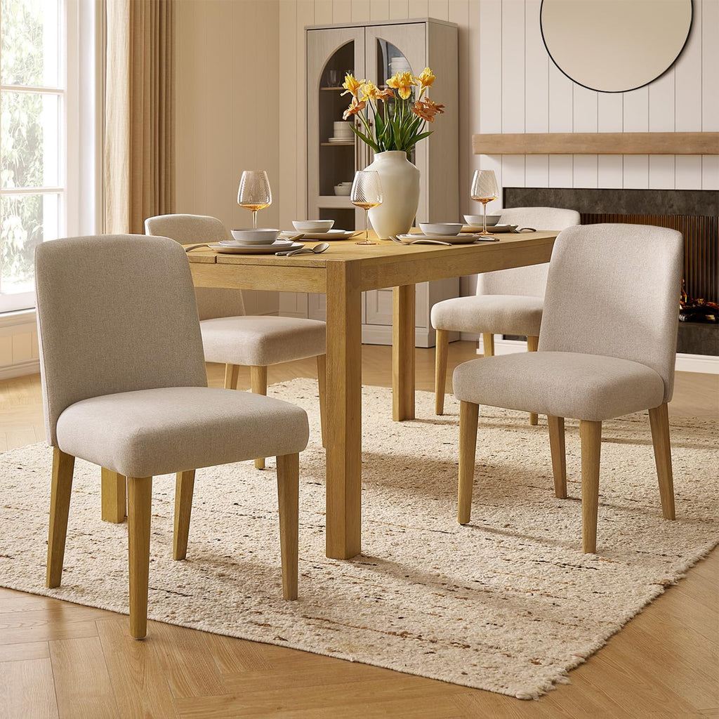 mopio Logan Upholstered Beige Parson Dining Chair Set of 4, Modern Farmhouse Solid Light Oak Wood with Ergonomic Curved Back Rest for Dining Room and Kitchen