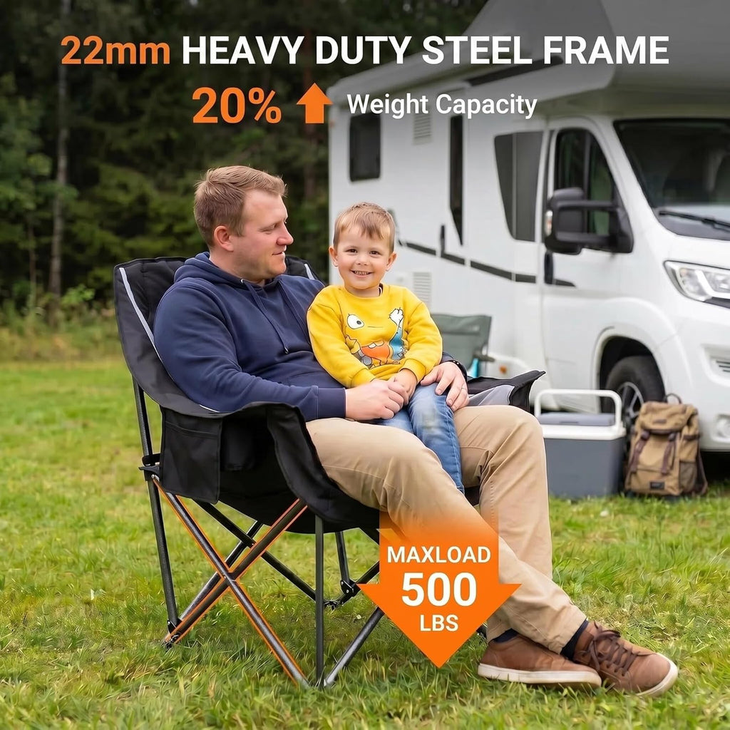 Oversized Heavy Duty Camping Chair for Adults, 500 lbs Capacity Padded Folding Chair with Side Cooler Bag, Cup Holder & Storage Pockets, Portable Lawn Chair for Fishing, Beach, Picnic & Sports-2PCS