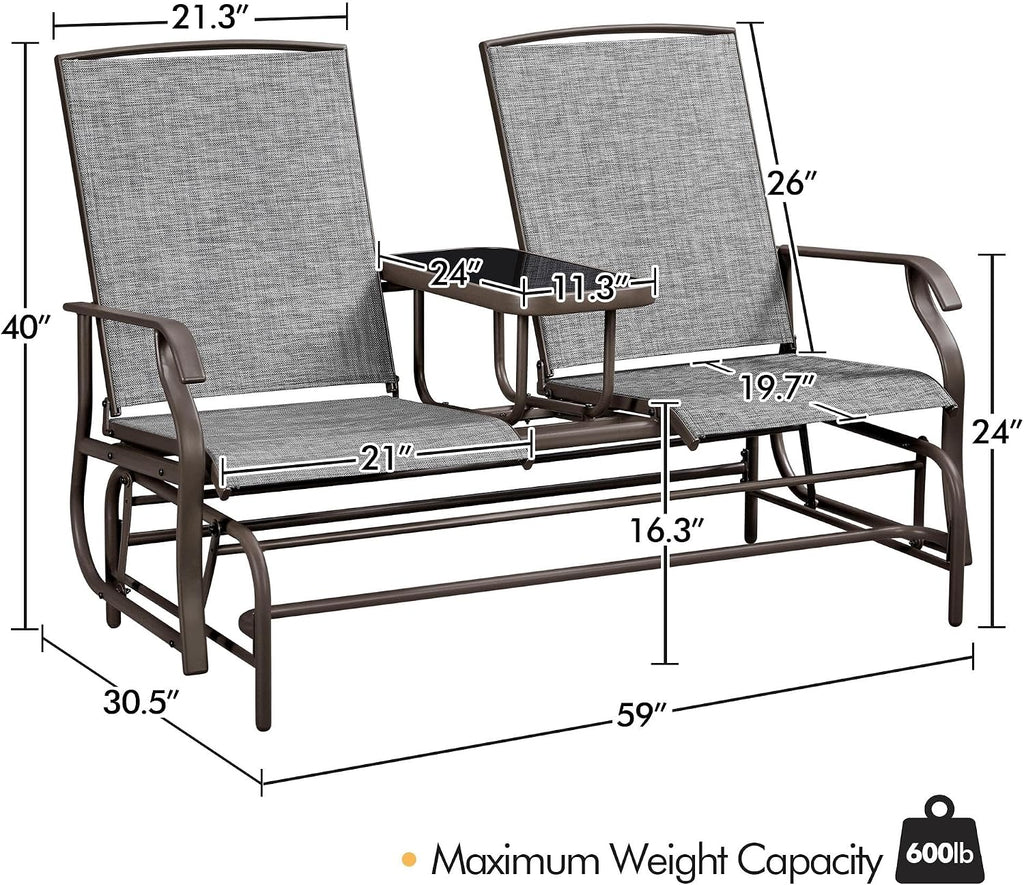 Yaheetech Outdoor Glider Bench Patio Loveseat with Table, Gray | Steel frame, Texteline fabric and tempered glass table provide comfort, easy assembly, and roomy two-person outdoor seating.