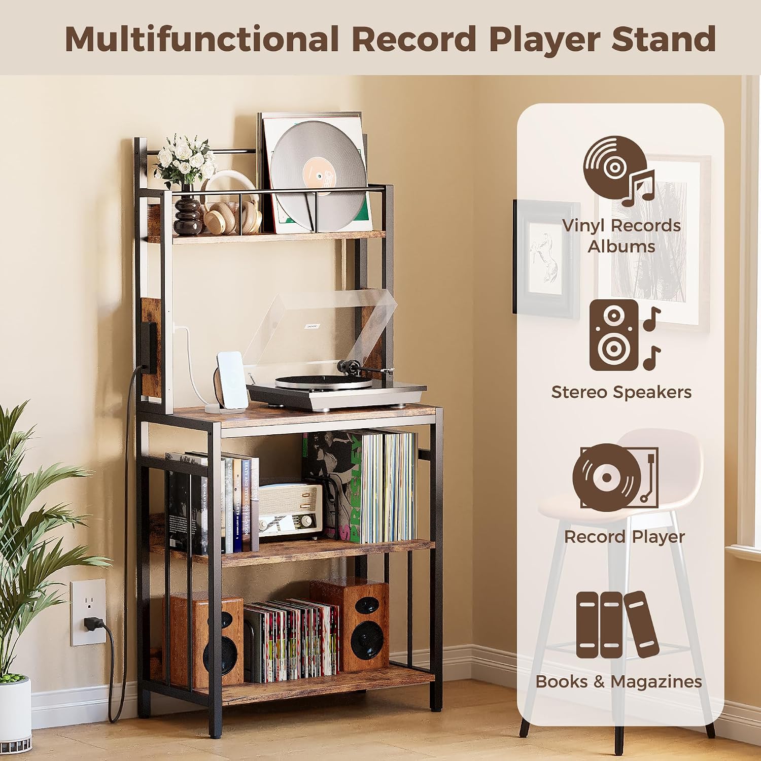 IRONCK Record Player Stand with Storage, Turntable Stand for Living Room | 2-Tier Vinyl Record Shelf with Charge Station, Record Rack Holds Up to 300+ Albums