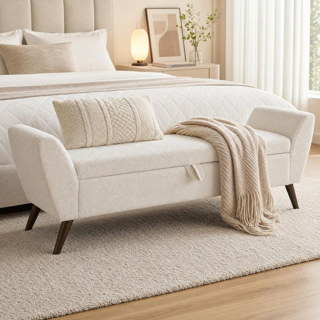 60" Storage Ottoman Bench, Teddy Fabric End of Bed Bench with Solid Wood Legs, Large Hidden Storage for Bedroom & Entryway (Beige)