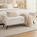 60" Storage Ottoman Bench, Teddy Fabric End of Bed Bench with Solid Wood Legs, Large Hidden Storage for Bedroom & Entryway (Beige)