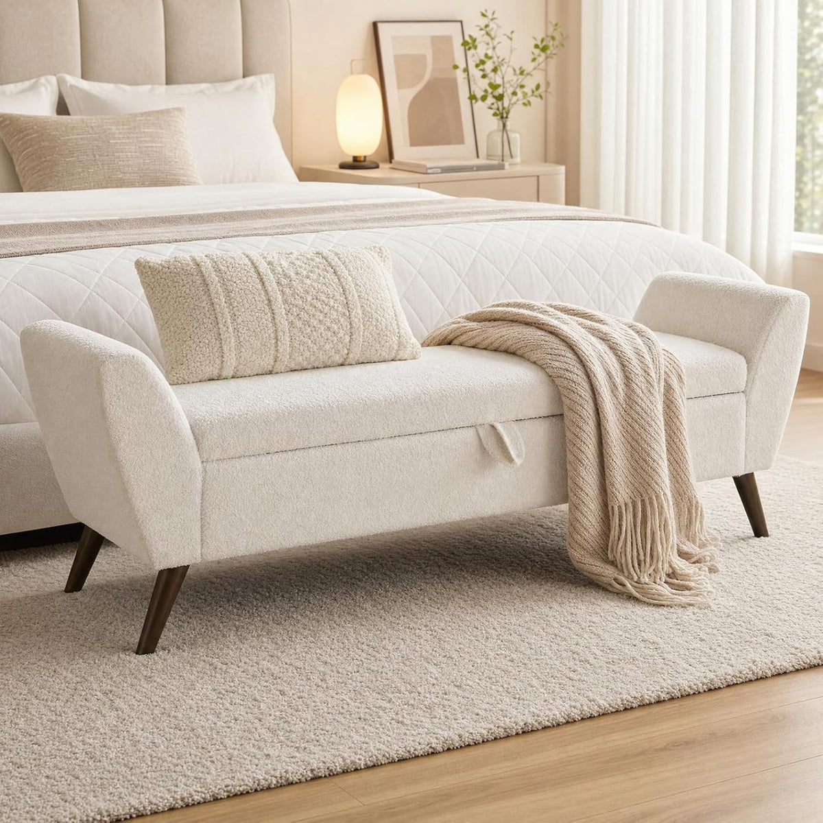 60" Storage Ottoman Bench, Teddy Fabric End of Bed Bench with Solid Wood Legs, Large Hidden Storage for Bedroom & Entryway (Beige)