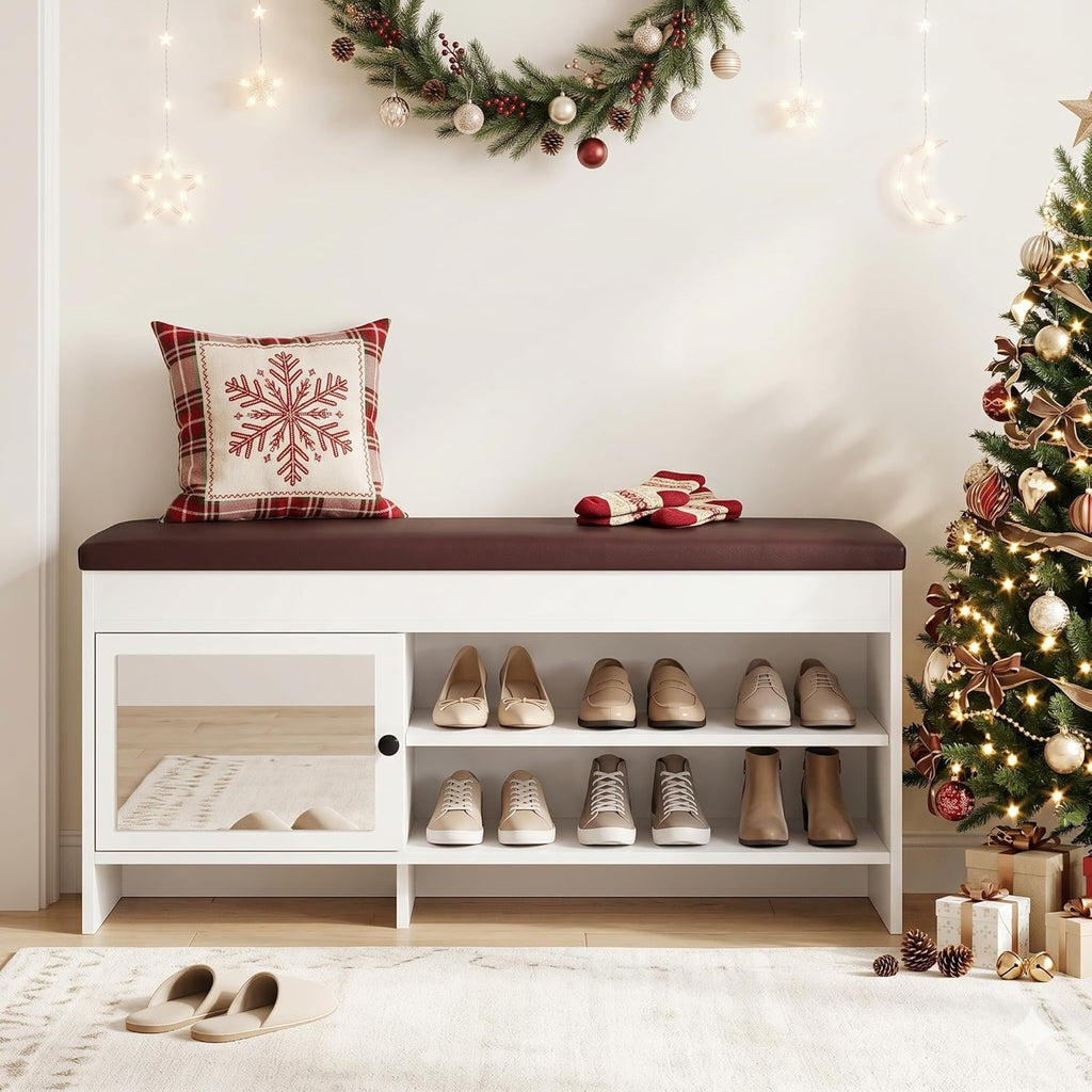 40.5 in Shoe Bench with Storage, Storage Bench, Padded Seat, White | Lift-top storage, 2-tier shoe storage, adjustable shelves, mirrored cabinet doors for entryway, mudroom, bedroom