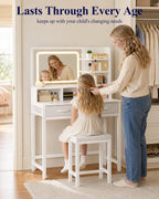 Kitsure 31.5" W Small Vanity Desk with Mirror and Lights, 2 Fabric Drawers | Bedroom, Gifting, Makeup Vanity, 6 Open Shelves, 3 Lighting Modes, Stable Frame, White
