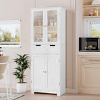 HOSTACK 64" Tall Storage Cabinet, Kitchen Pantry with Drawers, Modern Bathroom Cabinet with Shelves and Glass Doors, Free Standing Linen Storage Cupboard for Dining Room, White