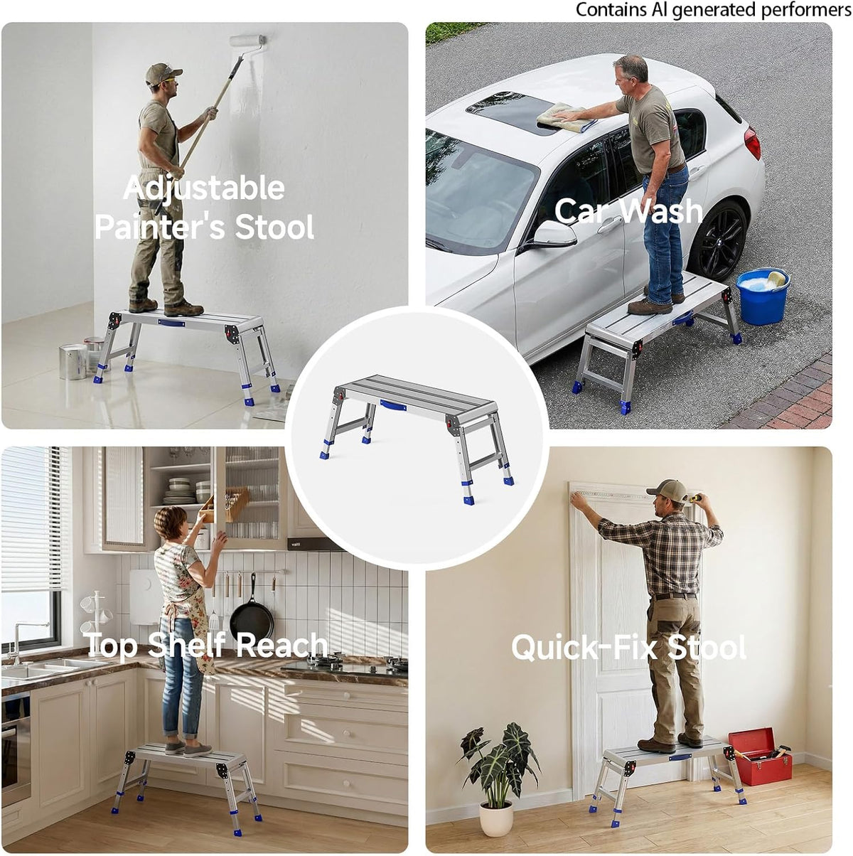 Loyoda Folding Work Platform for Adults, Portable Aluminum Step Stool 800lb | 14"-19.5" Adjustable Height, 12" x 31.5" Wide Platform for Garage, Painting, Reach High Shelves, Gardening, Car Wash