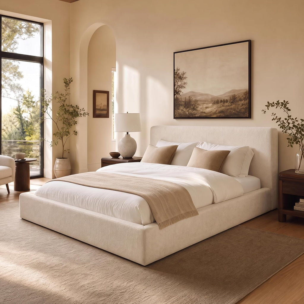 Queen Upholstered Platform Cloud Bed Frame with Headboard, Beige