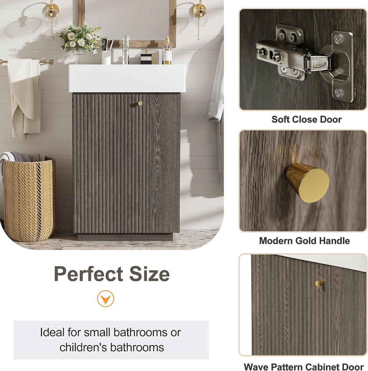 JIVOIT Bathroom Vanity with Ceramic Sink, 21.6" Bathroom Cabinet with Open and Closed Storage, a Tissue Holder, Side Storage, Modern Left Door Wood Grain Cabinet for Small Space