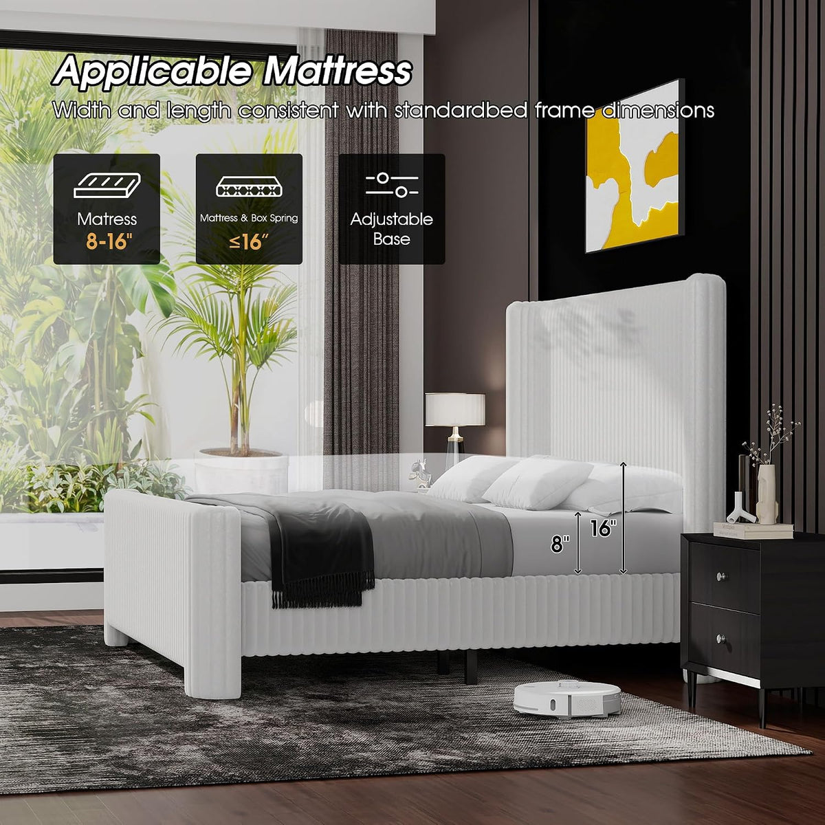 Ihanherry Queen Size Bed Frame with Faux-Fur Curved Wingback Headboard & Footboard, Upholstered Bed Frame with Removable & Washable Cover,Noise Free & Easy Assembly, No Box Spring Needed, White