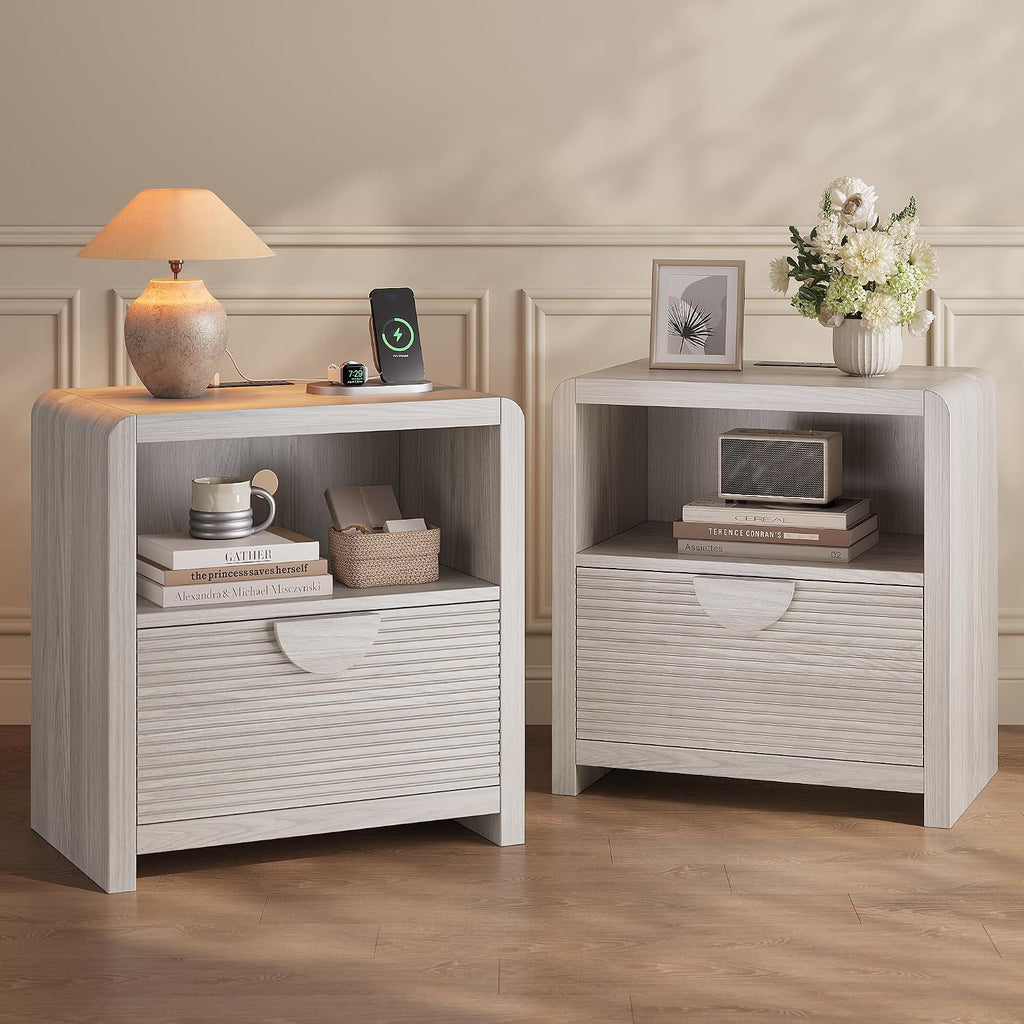 Fluted Nightstands Set of 2 with Charging Station, 23" Wide Wood Bedside Tables with Drawer and Open Compartment, Mid Century End Tables for Bedroom, Home Office, Gray Oak