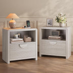 Fluted Nightstands Set of 2 with Charging Station, 23" Wide Wood Bedside Tables with Drawer and Open Compartment, Mid Century End Tables for Bedroom, Home Office, Gray Oak