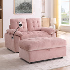 Chaise Lounge Chair Indoor with Storage Ottoman, Comfy Chenille Tufted Loveseat Sofa Chair with USB & Phone Holder, Upholstered Adjustable Backrest Lounge Sofa Chair for Living Room, Bedroom, Pink