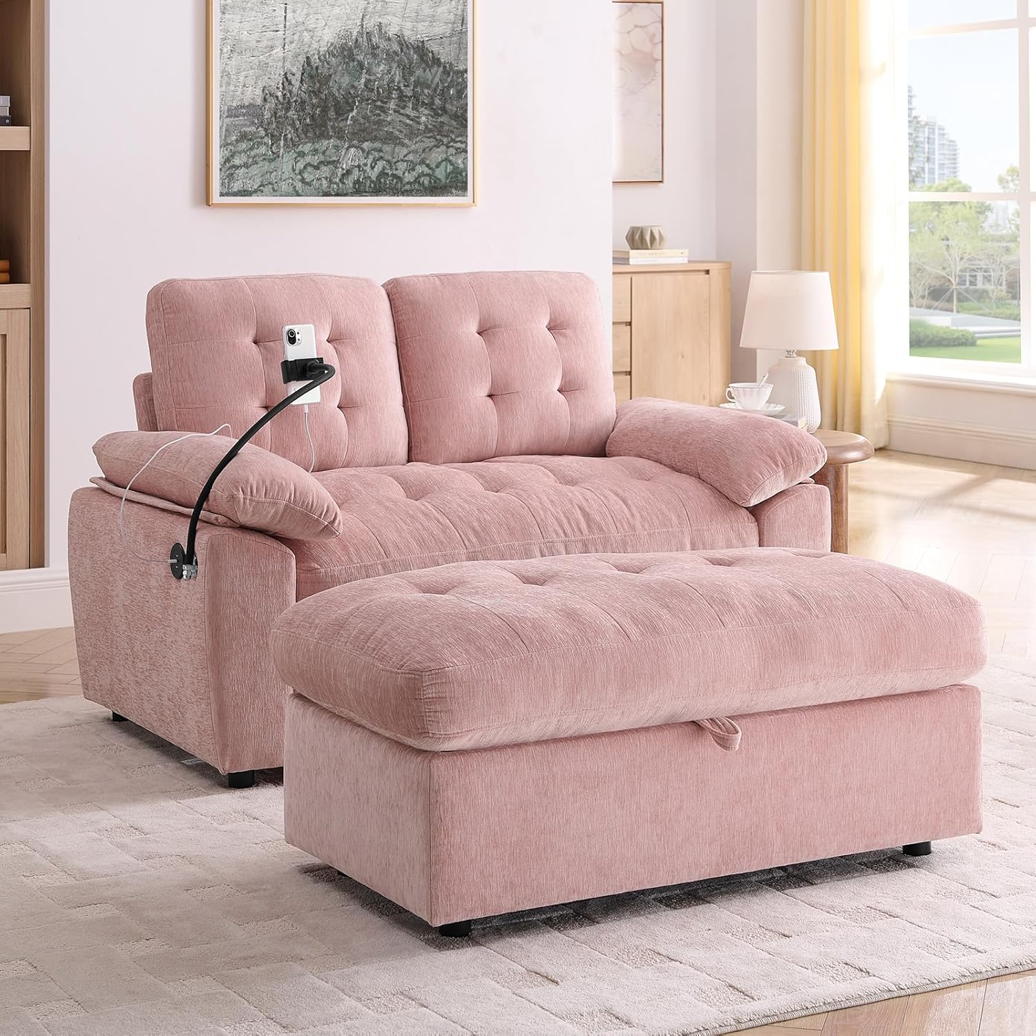 Chaise Lounge Chair Indoor with Storage Ottoman, Comfy Chenille Tufted Loveseat Sofa Chair with USB & Phone Holder, Upholstered Adjustable Backrest Lounge Sofa Chair for Living Room, Bedroom, Pink