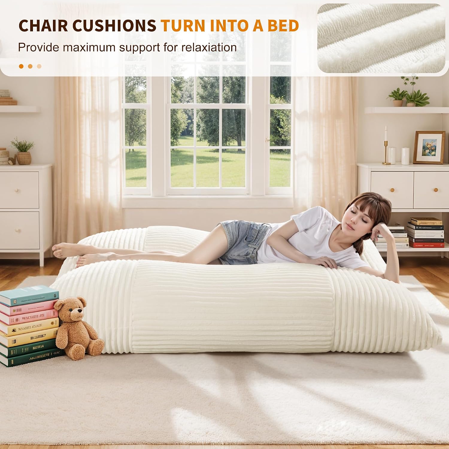 Cloud-Like Oversized Accent Chair Comfy Reading Chair for Adults, Extra-deep Seat Bean Bag Chairs, Convertible Stuffed Bean Bag Cushion with Removable Washable Cover