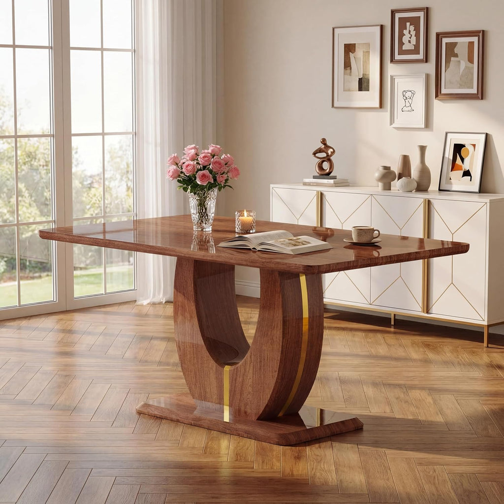 63" Wooden Dining Table for 4-6 People, Modern Farmhouse Kitchen Table with U-Shaped Legs, Rectangular Walnut Wood Dinner Table for Dining Room, Living Room, Home Office