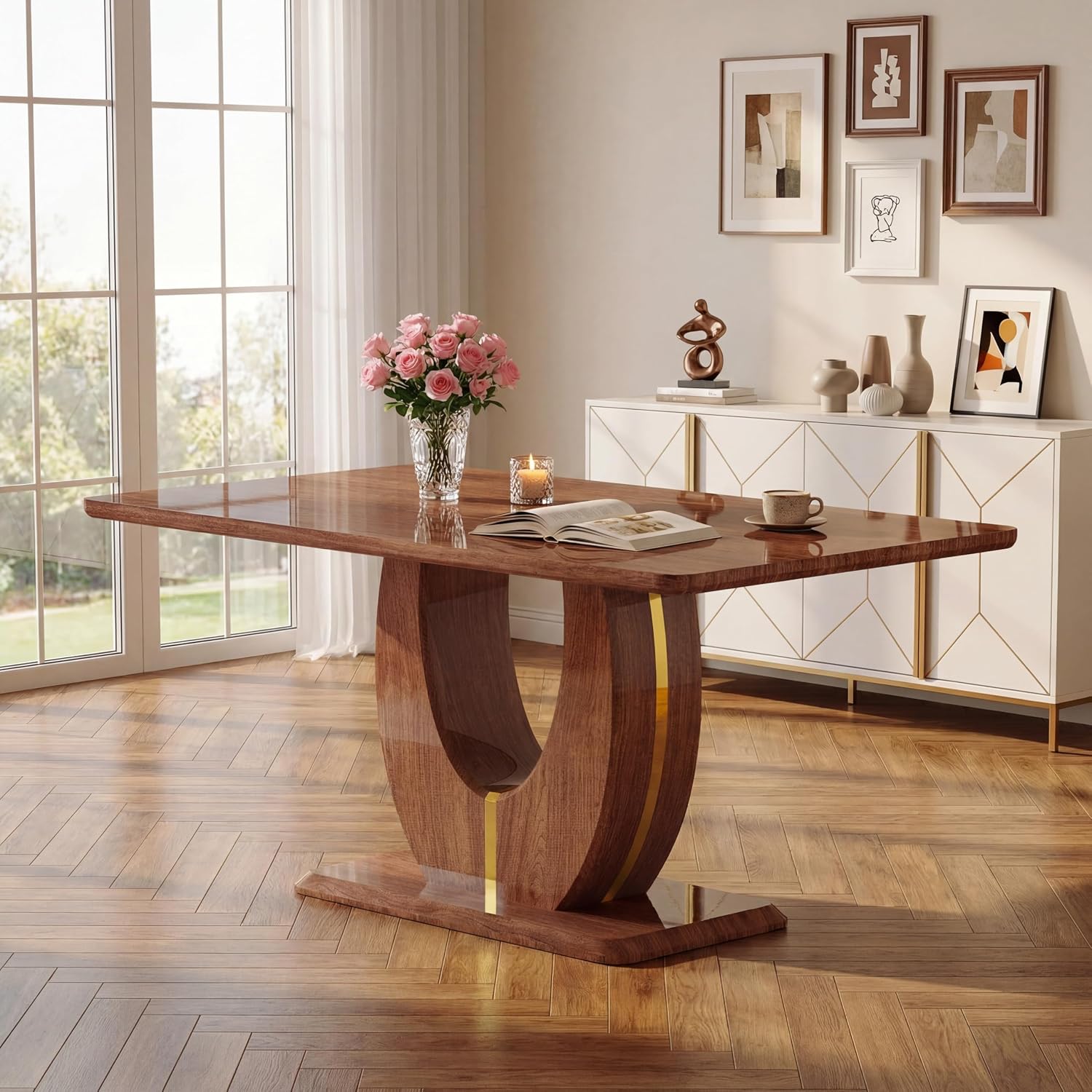 63" Wooden Dining Table for 4-6 People, Modern Farmhouse Kitchen Table with U-Shaped Legs, Rectangular Walnut Wood Dinner Table for Dining Room, Living Room, Home Office