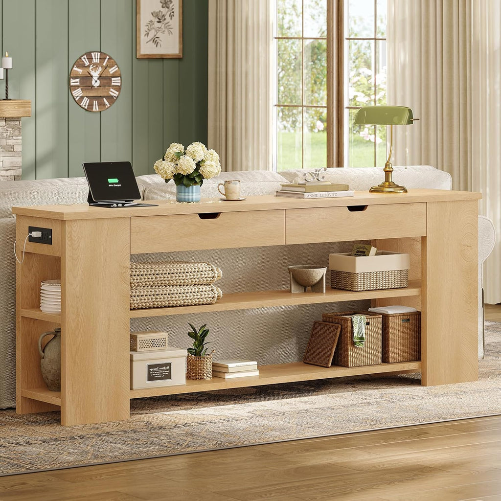 71.8 Inch Extra Long Console Table with Drawers, Farmhouse Long Console Table with Shelves & Built-in Outlets, Entryway Table with Storage for Living Room, Entryway, Hallway, Natural
