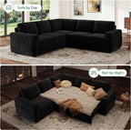 HONBAY Modular Sectional Sleeper Sofa with Pull Out Bed,Corduroy L Shaped Couch with Storage, Sectional Couches for Living Room,Black