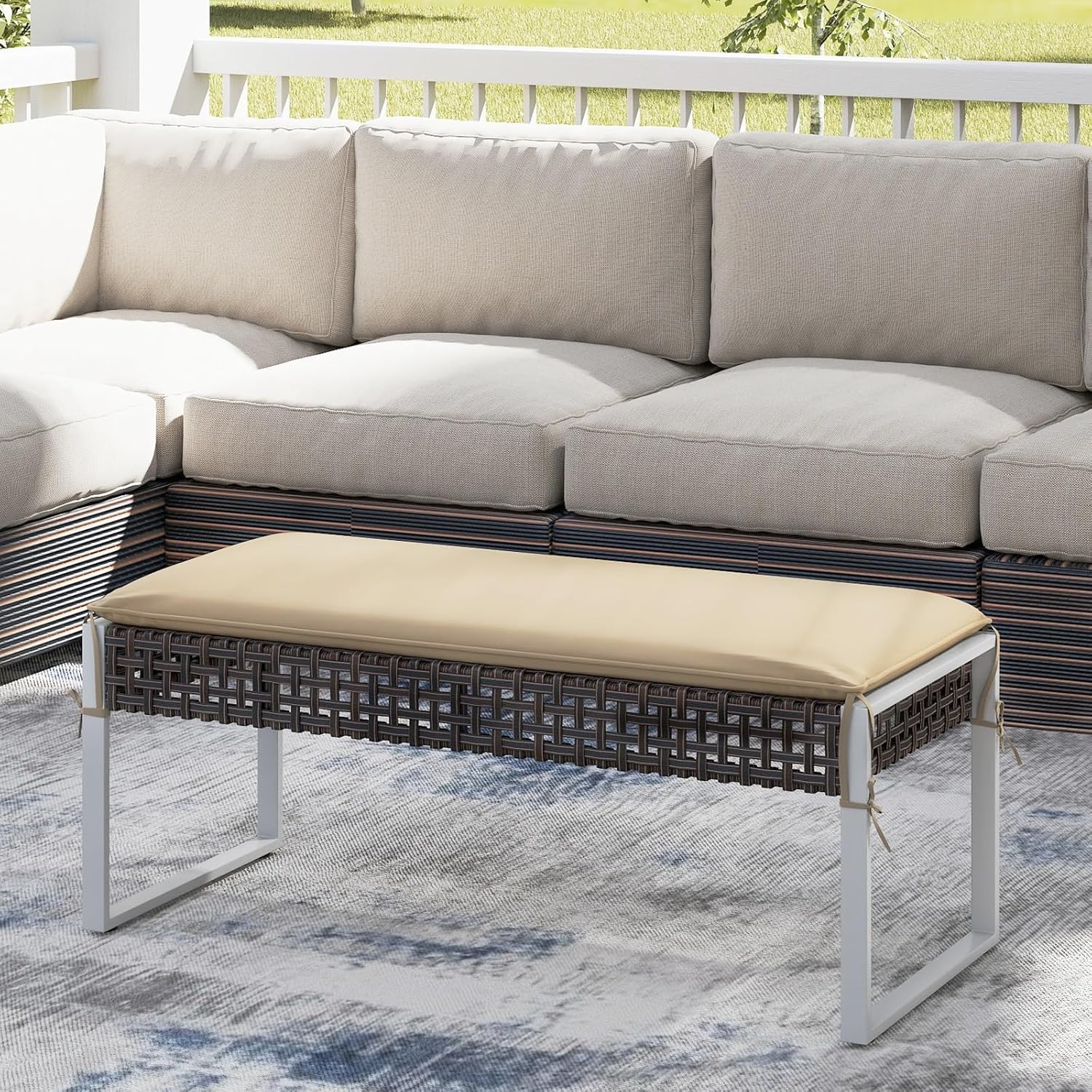 RELAX4LIFE Wicker Outdoor Ottoman Footstool - Rattan Patio Foot Rest for 2 w/Soft Cushion & Metal Frame, Multipurpose Coffee Table, 43’’ Seating Bench, Foot Stool for Garden Porch Backyard (1)
