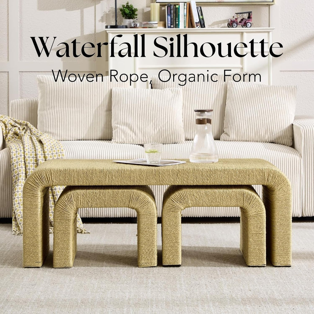 LZAREAL 3-Piece Nesting Woven Rope Coffee Table Set, 47" Boho Waterfall Living Room Table with 2 Stools Underneath, Modern Coastal Center Table Tea Table, Natural